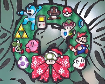 Cross Stitched 8 Bit Christmas Wreath