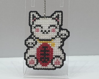 Lucky Cat Cross Stitch Keychain