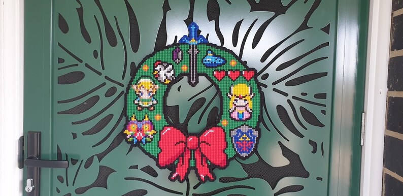 8 Bit Cross Stitched Zelda Christmas Wreath image 1