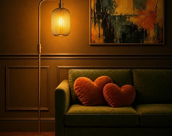 Dimmable Green & Amber Glass Floor Lamp, Modern Gold Arc Standing Lamp, Mid Century Living Room Lighting, Customizable Lampshades