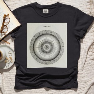 Puede incluir: Camiseta negra con una ilustración detallada en blanco y negro de un diseño circular con líneas radiales y una forma central en forma de ojo. El texto "PLATE XXV" es visible encima del diseño. La camiseta tiene cuello redondo y mangas cortas.