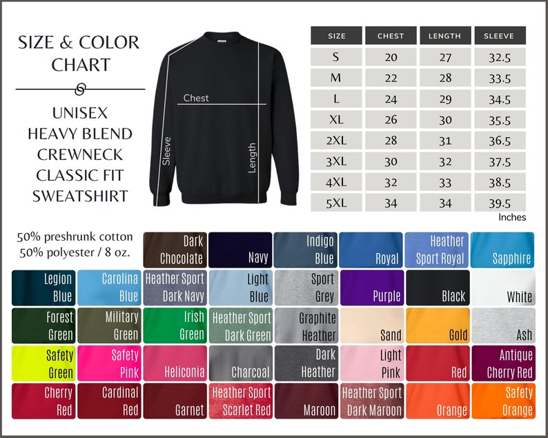 Puede incluir: Tabla de tallas y colores para una sudadera con capucha de mezcla pesada de cuello redondo, ajuste cl&aacute;sico unisex. La tabla muestra las tallas de la S a la 5XL con las medidas correspondientes de pecho, longitud y manga en pulgadas. La tabla tambi&eacute;n incluye una paleta de colores con varios tonos de azul, verde, rojo y otros colores.