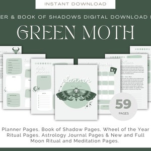 Grüner Tagesplaner, Witchy Book of Shadow-Seiten, Sternzeichen-Seiten, Jahresrad-Seiten und Neu- und Vollmond-Ritualseiten, digitaler Download