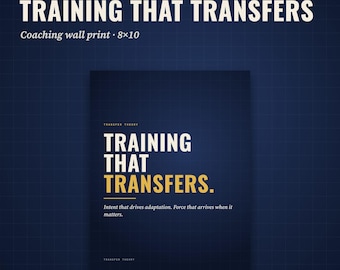 Quadro decorativo para parede "Treinamento que Transfere", com citação de treinador de força, ideal para sala de musculação e decoração de academia (20x25 cm).
