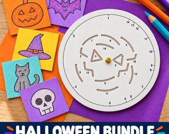 May include: A white circular wooden spinner with numbered cutouts for drawing a jack-o'-lantern, accompanied by five square cards featuring hand-drawn illustrations of a pumpkin, bat, witch hat, cat, and skull, plus three colored pencils.