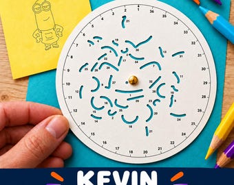 May include: A circular white drawing stencil with numbered cutouts and a central gold pin, accompanied by a yellow sticky note featuring a line drawing of a character, plus colored pencils in orange, blue, yellow, and purple.