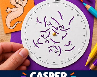 May include: A white circular drawing stencil with numbered slots and a central gold fastener, accompanied by an orange square card featuring a cartoon ghost illustration and several colored pencils for creating drawings.