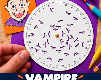 May include: A white circular spinner game board with numbered slots and a central gold pin, accompanied by a square card featuring a cartoon vampire illustration, colored pencils, and purple paper. The text reads VAMPIRE SPIN & DRAW.