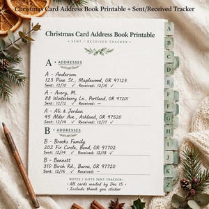 Christmas Card Address Book Printable, Holiday Card List Organizer with Sent Received Tracker, Xmas Mailing List image 2