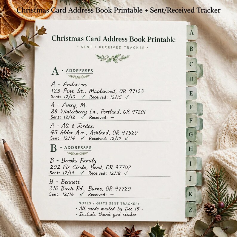 Christmas Card Address Book Printable, Holiday Card List Organizer with Sent Received Tracker, Xmas Mailing List image 2