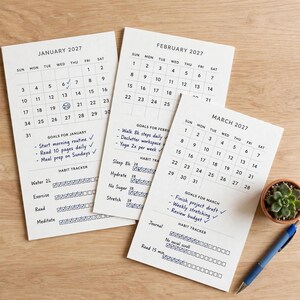 Monatsplaner 2027 zum Ausdrucken – Kalender-Organizer 2027 mit Monatsübersichten, Zielseiten, Gewohnheitstracker und Notizen, minimalistischer PDF-Planer Bild 2