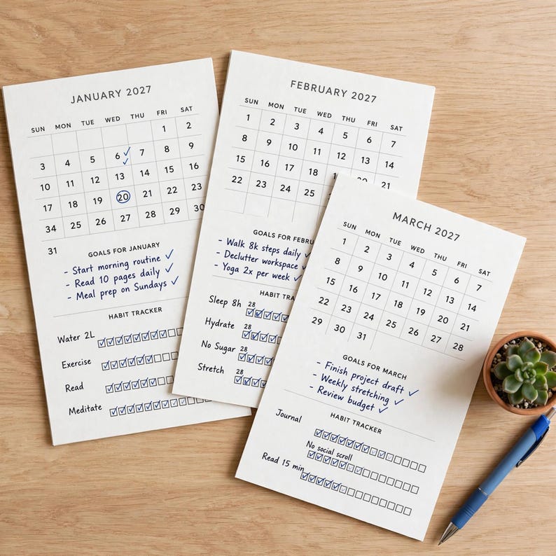Monatsplaner 2027 zum Ausdrucken – Kalender-Organizer 2027 mit Monatsübersichten, Zielseiten, Gewohnheitstracker und Notizen, minimalistischer PDF-Planer Bild 2