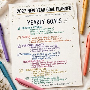 Planificador de objetivos de Año Nuevo 2027 imprimible, cuaderno de trabajo de objetivos anuales con registro de hábitos, revisiones mensuales y páginas para el tablero de visión. imagen 2