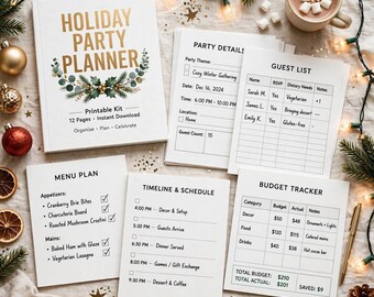 May include: A holiday party planner printable kit featuring a cover page with gold text and a wreath graphic, alongside pages for party details, a guest list, a menu plan, a timeline, and a budget tracker with printed text and tables.