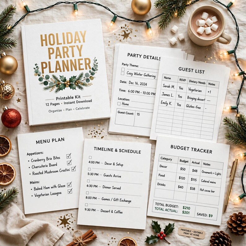 Holiday Party Planner Printable, Friendsgiving and Christmas Party Planning Kit with Guest List, Menu and Seating Chart image 1
