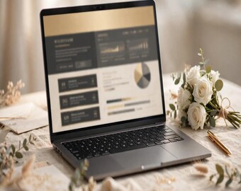 May include: A silver laptop with a black keyboard displays a blurred dashboard interface with charts and data. A bouquet of white roses and a gold pen are positioned next to the laptop on a textured fabric surface.