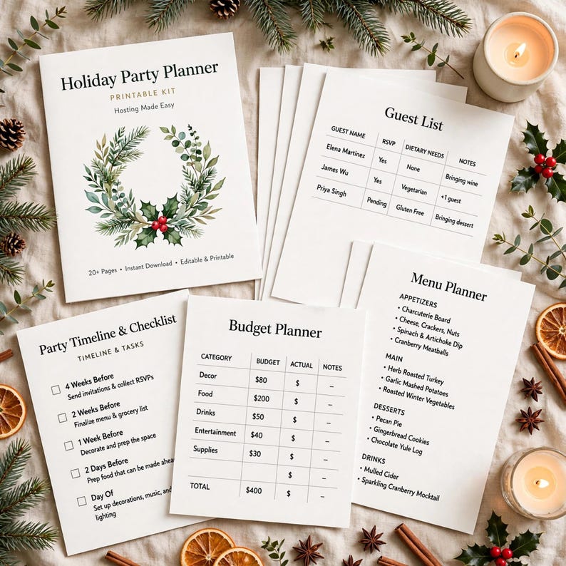 Holiday Party Planner Printable, Friendsgiving and Christmas Party Planning Kit with Guest List, Menu and Seating Chart image 10