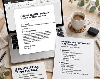 Puede incluir: Un portátil que muestra una plantilla de carta de presentación de TI en Microsoft Word, junto a una página impresa de referencias profesionales y una tarjeta con el título IT Cover Letter Template Pack.