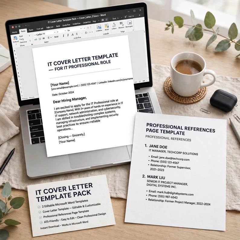 IT Cover Letter Template, Tech Cover Letter Example Pack with Professional References Page Template, Job Application Kit image 1