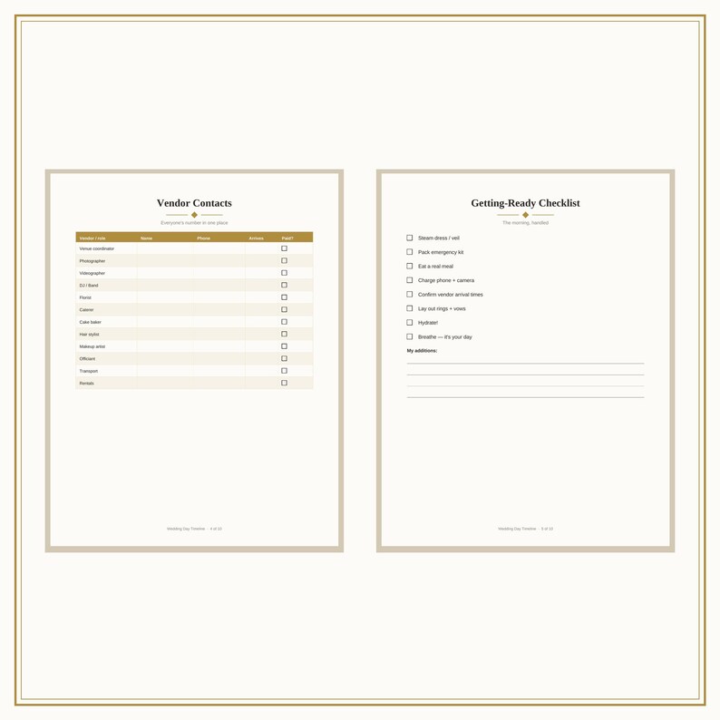 Wedding Day Timeline Planner Printable, Day Of Wedding Checklist, Vendor Contacts & Emergency Kit List for Brides, Day Of Coordinator image 2