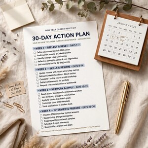 Kit de reinicio profesional de Año Nuevo, lista de verificación para actualizar el currículum con guía de actualización de LinkedIn, rastreador de contactos y plan profesional de 30 días. imagen 3
