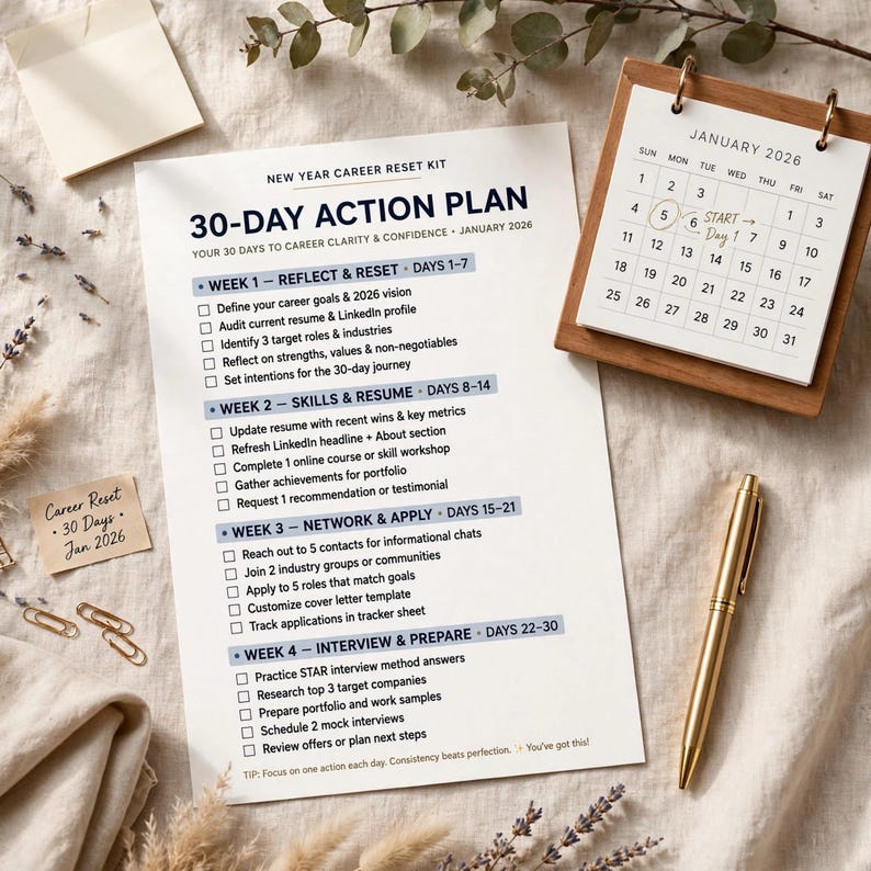 Kit de reinicio profesional de Año Nuevo, lista de verificación para actualizar el currículum con guía de actualización de LinkedIn, rastreador de contactos y plan profesional de 30 días. imagen 3