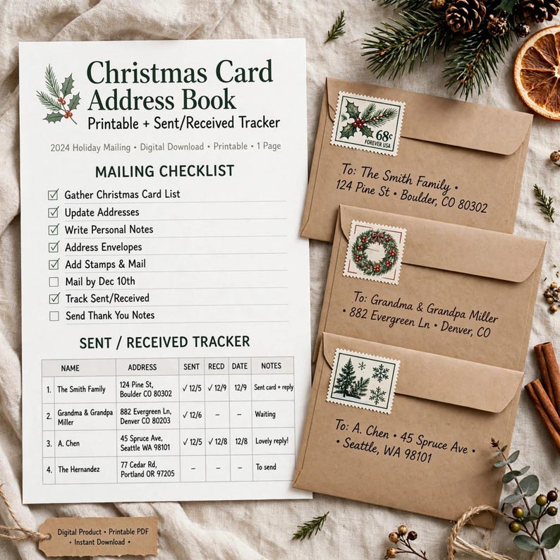 Christmas Card Address Book Printable, Holiday Card List Organizer with Sent Received Tracker, Xmas Mailing List image 6