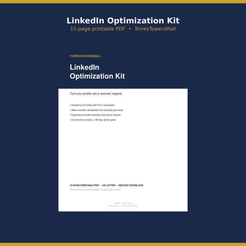 LinkedIn Optimization Kit Printable, LinkedIn Profile Makeover Guide with Headline Formulas, About Templates and Connection Scripts, PDF image 1