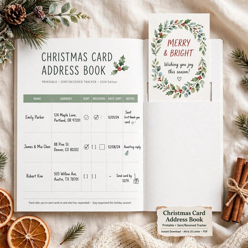 Christmas Card Address Book Printable, Holiday Card List Organizer with Sent Received Tracker, Xmas Mailing List image 5