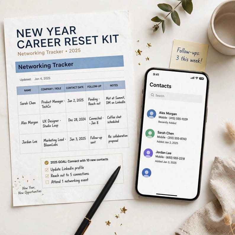 Kit de reinicio profesional de Año Nuevo, lista de verificación para actualizar el currículum con guía de actualización de LinkedIn, rastreador de contactos y plan profesional de 30 días. imagen 4