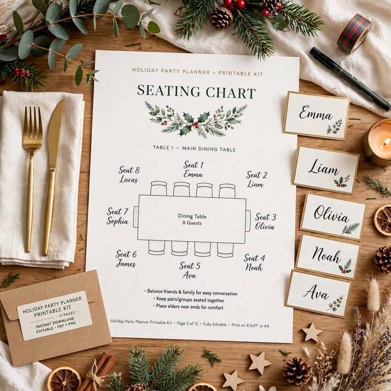Holiday Party Planner Printable, Friendsgiving and Christmas Party Planning Kit with Guest List, Menu and Seating Chart image 4