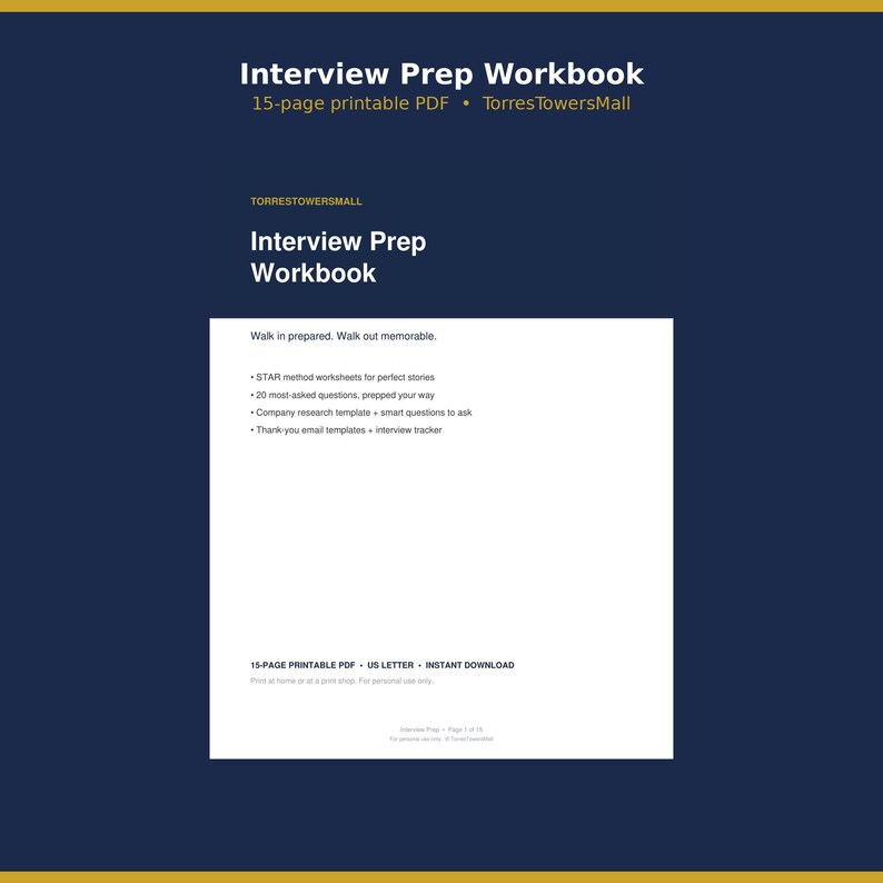 Interview Prep Workbook Printable, Job Interview Preparation Guide with STAR Method Worksheets, 20 Questions and Thank You Emails, PDF image 1