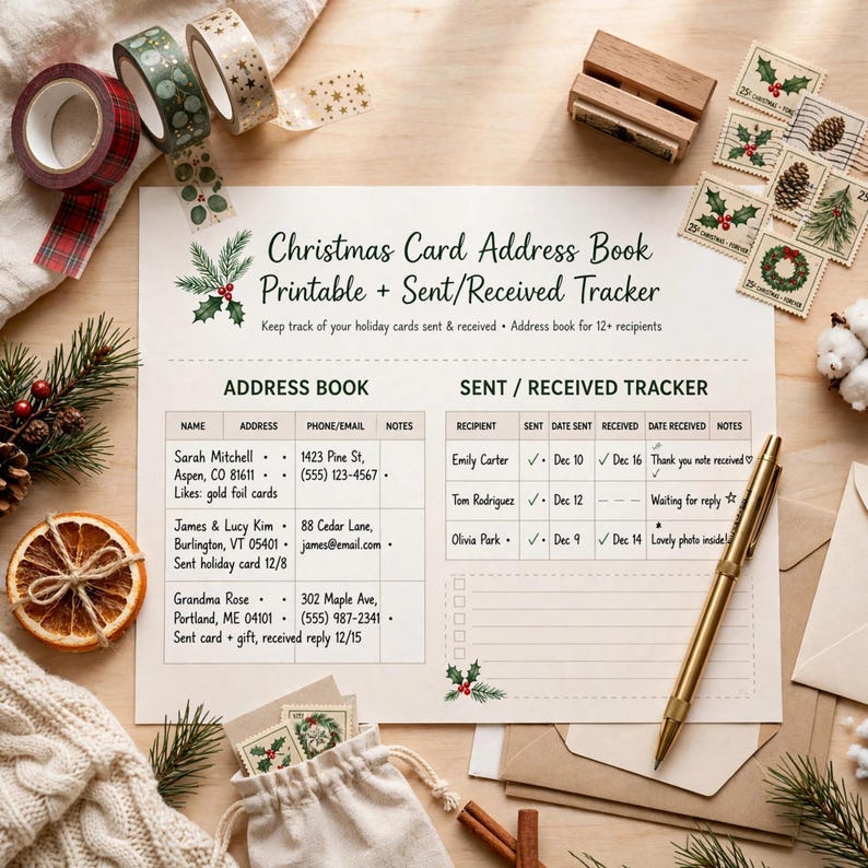 Christmas Card Address Book Printable, Holiday Card List Organizer with Sent Received Tracker, Xmas Mailing List image 4