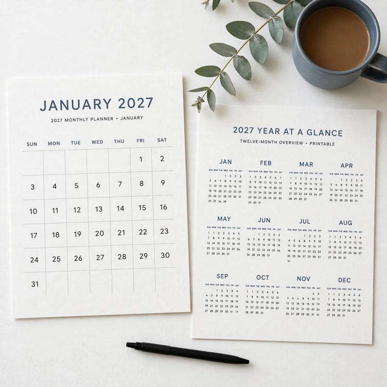 Monatsplaner 2027 zum Ausdrucken – Kalender-Organizer 2027 mit Monatsübersichten, Zielseiten, Gewohnheitstracker und Notizen, minimalistischer PDF-Planer Bild 1