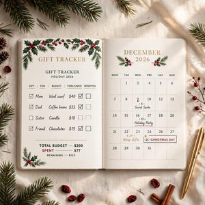May include: An open planner featuring a Gift Tracker page and a December 2026 calendar page. The Gift Tracker lists items like wool scarf, coffee beans, candle, and chocolates with budget columns. The calendar includes dates and notes for Secret Santa, Holiday Party, and Christmas Day.