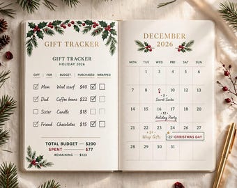 May include: An open planner featuring a Gift Tracker page and a December 2026 calendar page. The Gift Tracker lists items like wool scarf, coffee beans, candle, and chocolates with budget columns. The calendar includes dates and notes for Secret Santa, Holiday Party, and Christmas Day.
