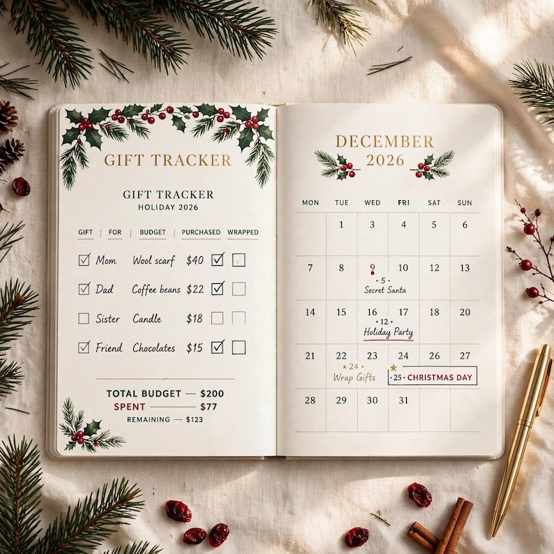 Printbare bundel met kerstplanner voor 2026 - Cadeauplanner, budgetplanner voor de feestdagen, menu- en bakplanner voor het avondeten, kerstkalenders afbeelding 1