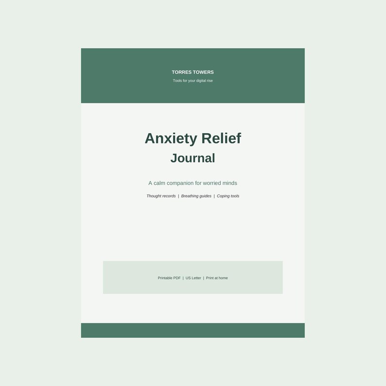 Printbaar dagboek voor angstverlichting, werkbladen voor het registreren van gedachten volgens cognitieve gedragstherapie, zorgen-tracker, ademhalingsoefeningen en aardingsinstrumenten, PDF afbeelding 1