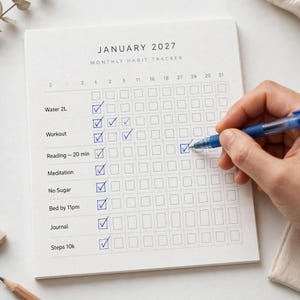 Monatsplaner 2027 zum Ausdrucken – Kalender-Organizer 2027 mit Monatsübersichten, Zielseiten, Gewohnheitstracker und Notizen, minimalistischer PDF-Planer Bild 4