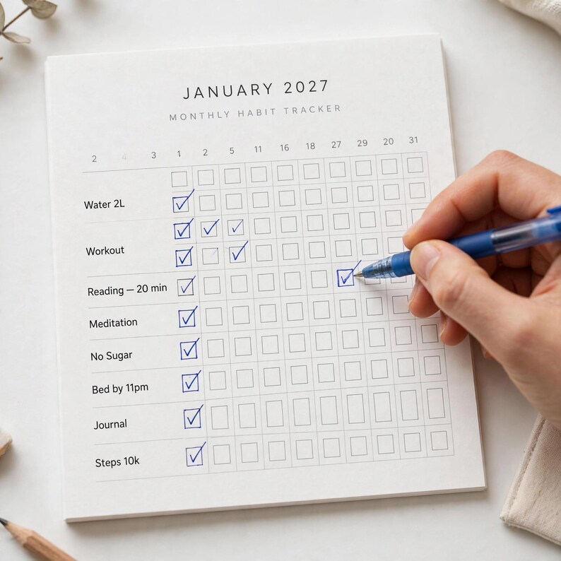 Monatsplaner 2027 zum Ausdrucken – Kalender-Organizer 2027 mit Monatsübersichten, Zielseiten, Gewohnheitstracker und Notizen, minimalistischer PDF-Planer Bild 4