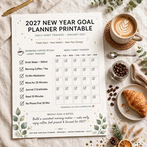 Planificador de objetivos de Año Nuevo 2027 imprimible, cuaderno de trabajo de objetivos anuales con registro de hábitos, revisiones mensuales y páginas para el tablero de visión. imagen 3