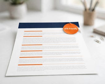 May include: A white resume template featuring a dark blue header and horizontal orange section dividers. An orange circular badge with the white text ATS-Friendly is attached to the top right corner of the document page.