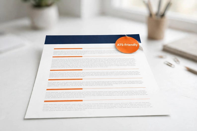 May include: A white resume template featuring a dark blue header and horizontal orange section dividers. An orange circular badge with the white text ATS-Friendly is attached to the top right corner of the document page.
