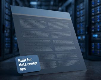 May include: A dark blue rectangular sign featuring columns of small, illegible text and a prominent blue label in the bottom left corner that reads Built for data center ops in white, sans-serif, capitalized and lowercase lettering.