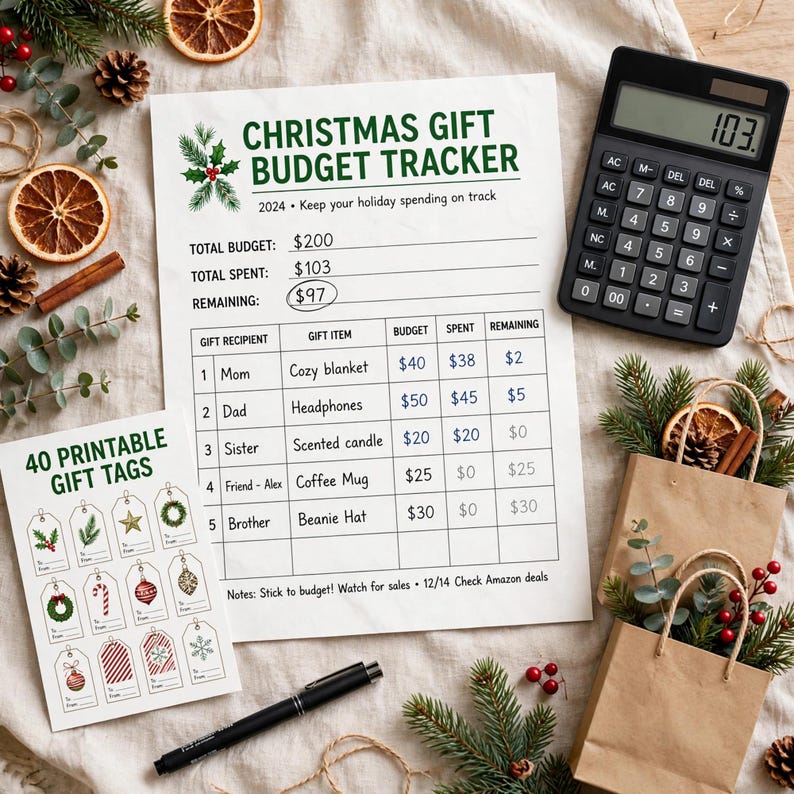 Christmas Gift Budget Tracker Printable, Holiday Gift List Planner with 40 Printable Gift Tags, Xmas Shopping Organizer image 3