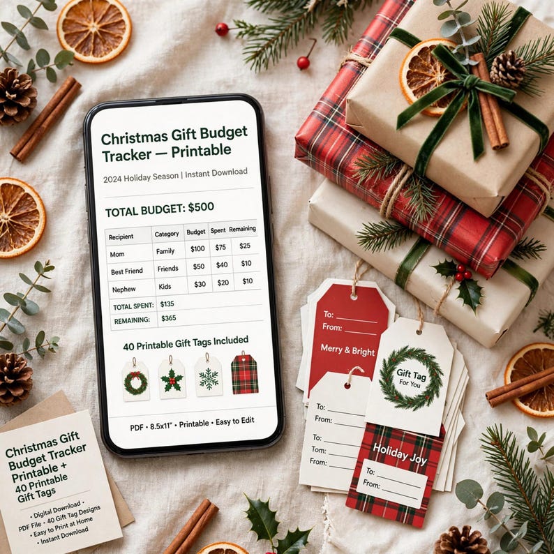 Christmas Gift Budget Tracker Printable, Holiday Gift List Planner with 40 Printable Gift Tags, Xmas Shopping Organizer image 10