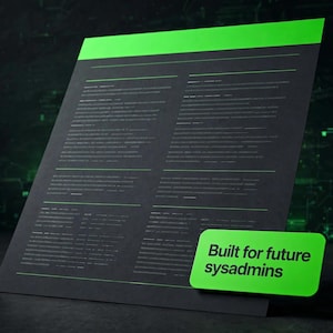Peut inclure: Un panneau rectangulaire noir avec une bordure supérieure vert vif et de fines lignes horizontales vertes séparant des blocs de texte. Une étiquette rectangulaire verte plus petite et arrondie porte le texte noir Built for future sysadmins.