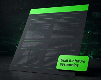 May include: A black rectangular sign with a bright green top border and thin green horizontal lines separating blocks of text. A smaller, rounded green rectangular tag is attached, featuring the black text Built for future sysadmins.