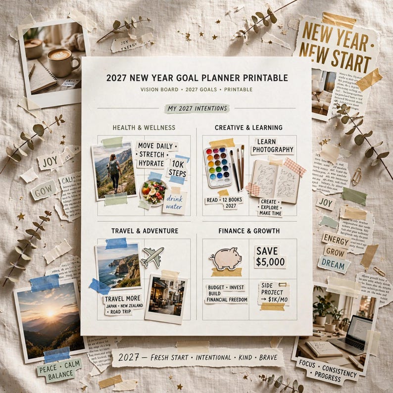 Planificador de objetivos de Año Nuevo 2027 imprimible, cuaderno de trabajo de objetivos anuales con registro de hábitos, revisiones mensuales y páginas para el tablero de visión. imagen 4