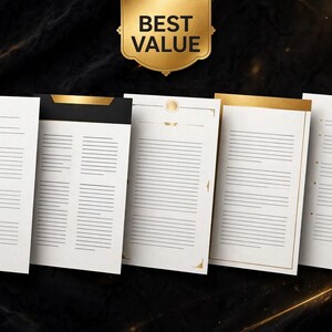May include: Five rectangular stationery sheets featuring white paper with gold and black decorative borders, lines, and accents. A gold shield-shaped emblem at the top center displays the text BEST VALUE in bold black capital letters.